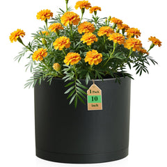 WSMKSZ 10 Inch Round Black Plastic Plant Pot front view with saucer