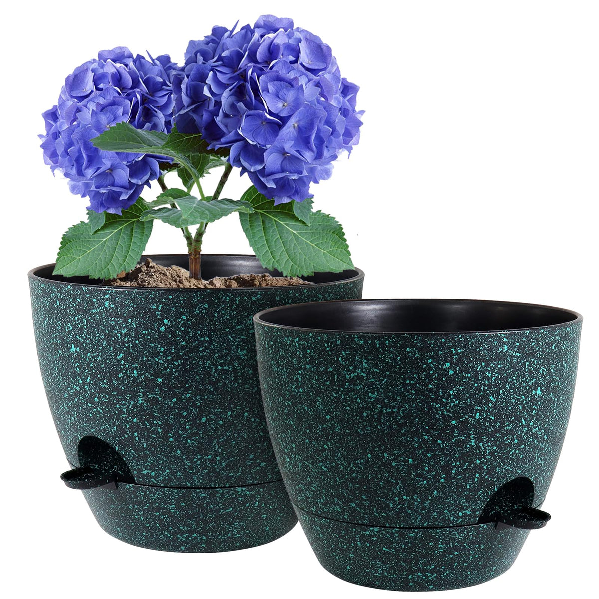 WSMKSZ 10 inch self watering pot front view, black with green speckles
