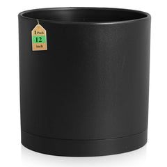 WSMKSZ 12 inch large deep plant pot in black with saucer