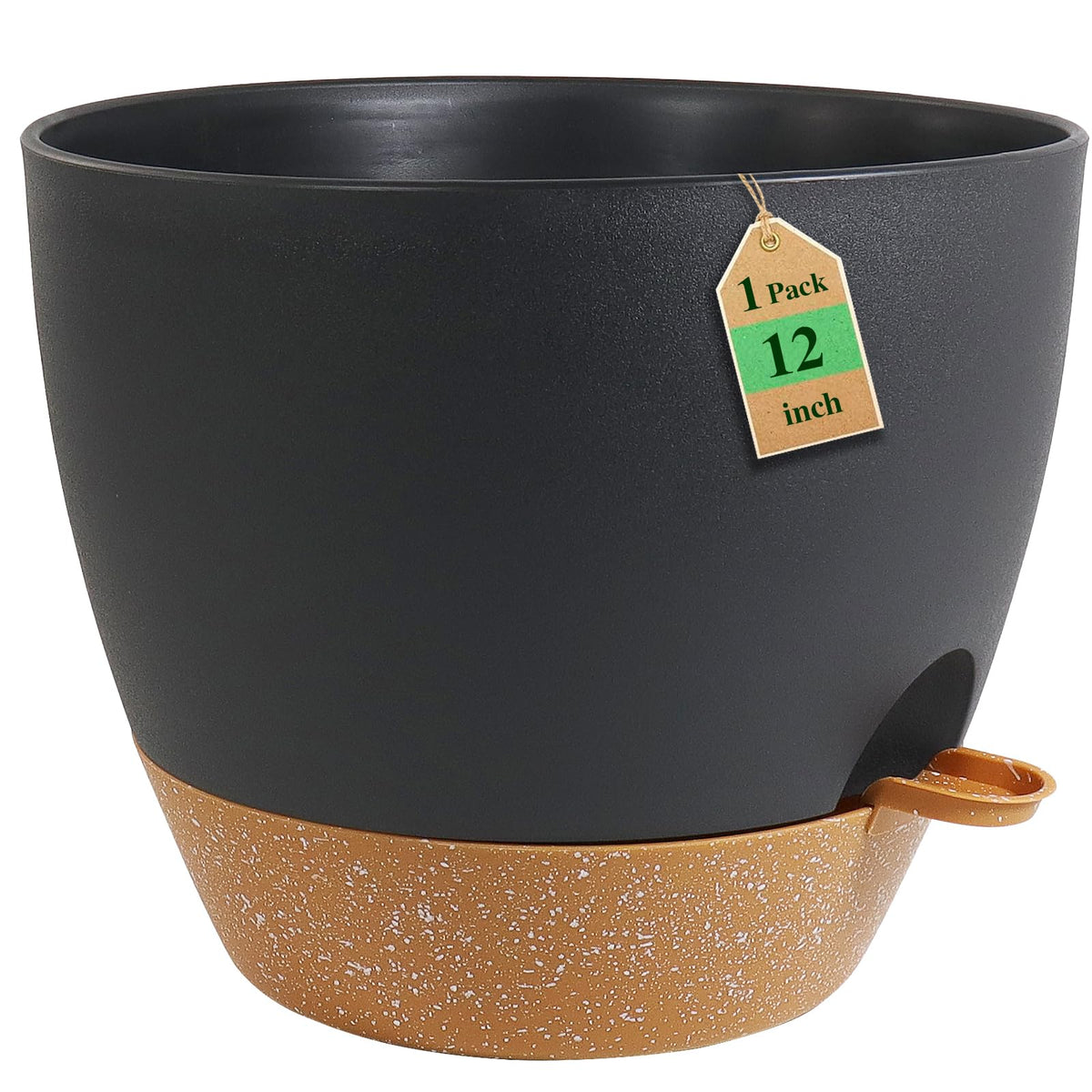 WSMKSZ 12 inch self watering pot front view in black with brown