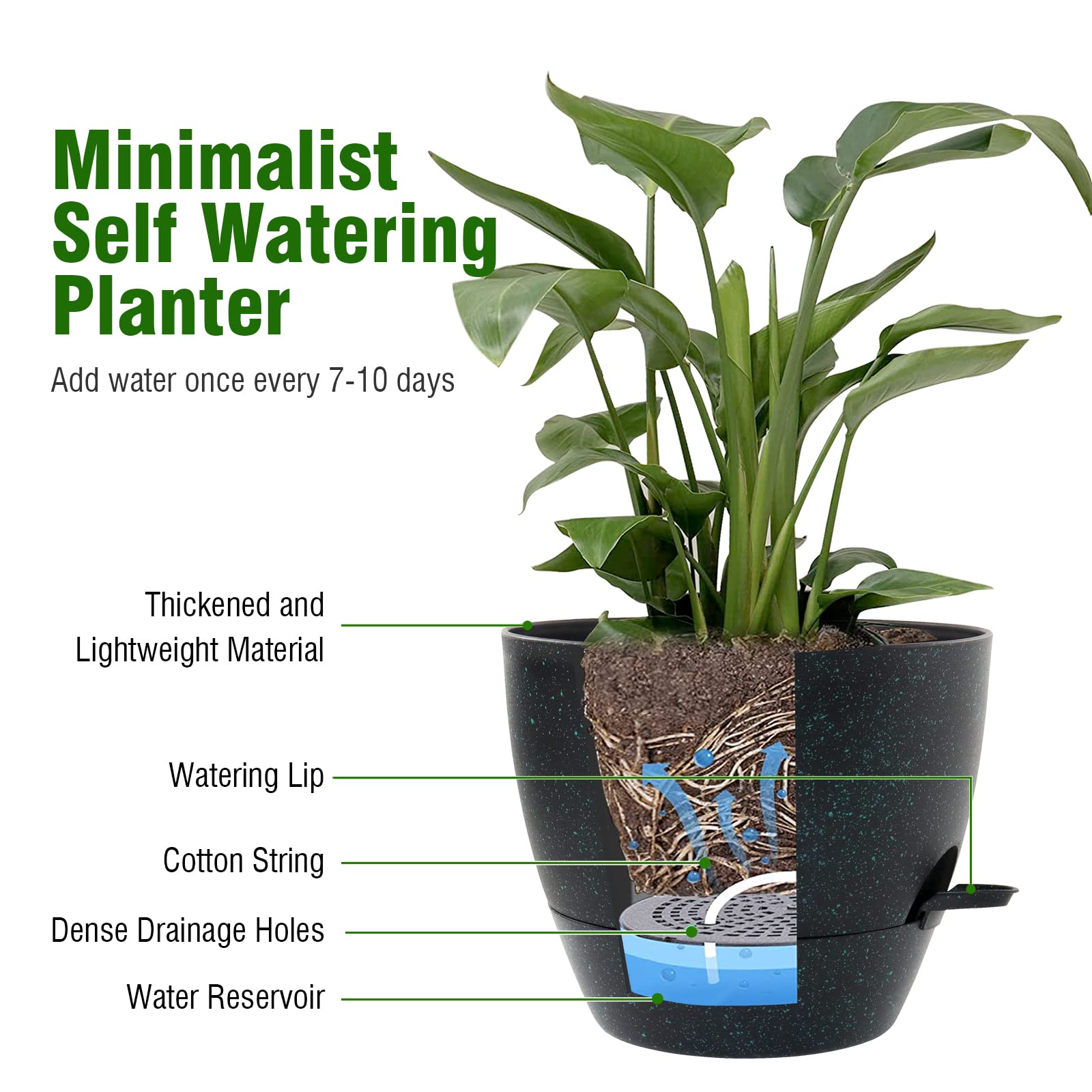 WSMKSZ 12 inch self watering pot placed on a patio with plants