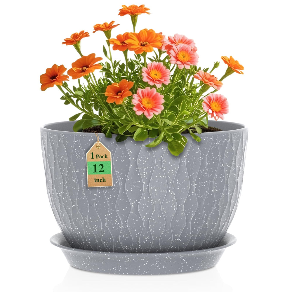 WSMKSZ 12 Inch Water Ripple Flower Pot Grey with White Speckles front view