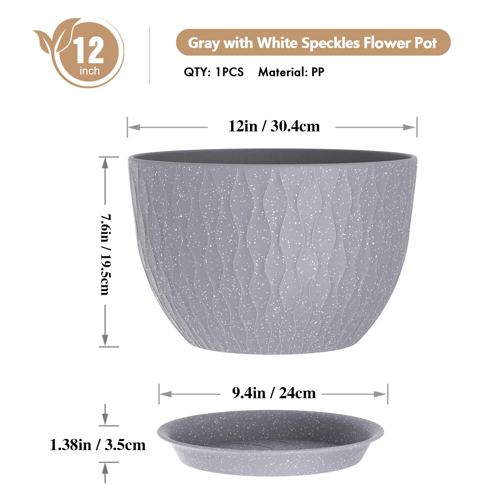 WSMKSZ 12 Inch Water Ripple Flower Pot Grey with White Speckles side view