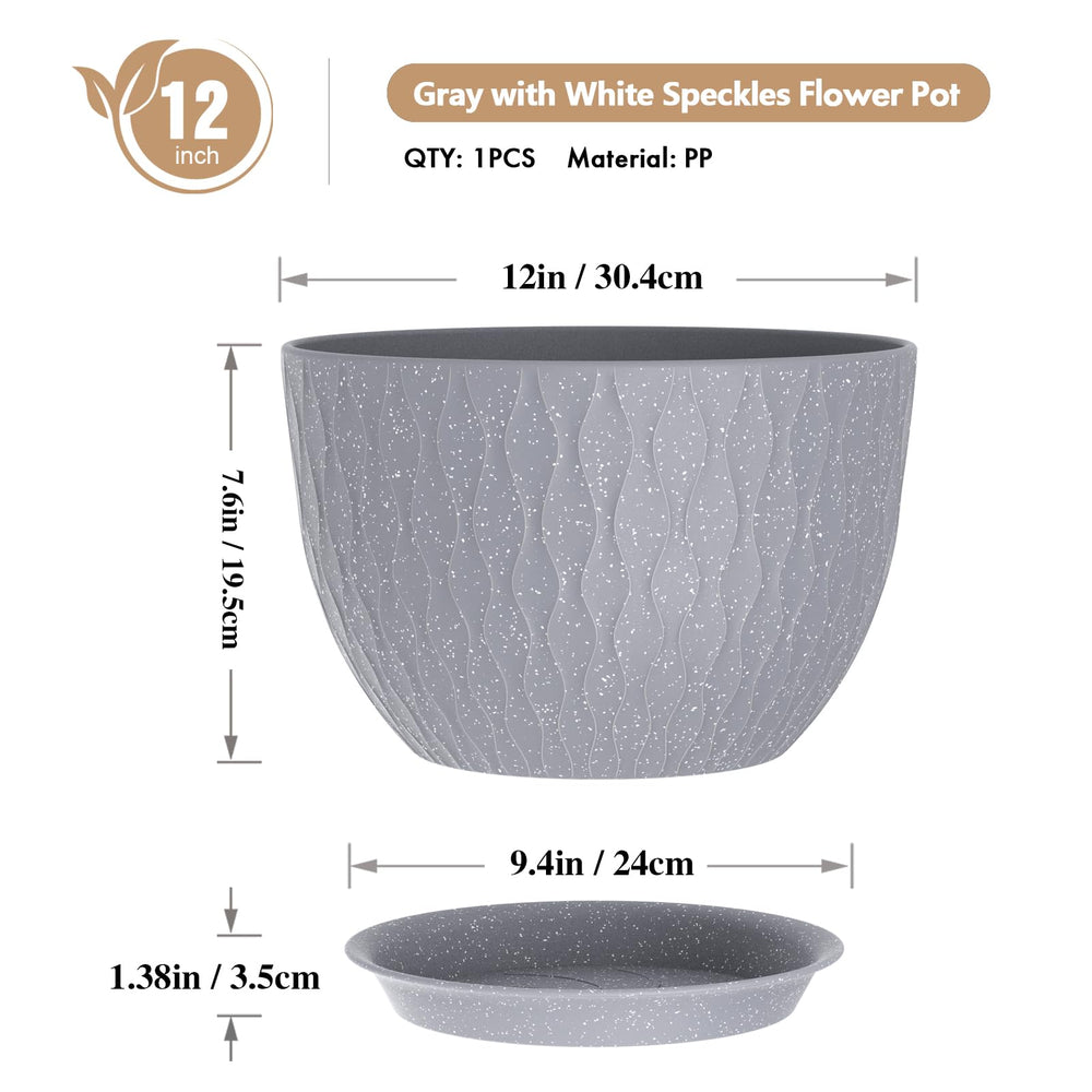 WSMKSZ 12 Inch Water Ripple Flower Pot Grey with White Speckles side view