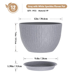 WSMKSZ 12 Inch Water Ripple Flower Pot Grey with White Speckles side view