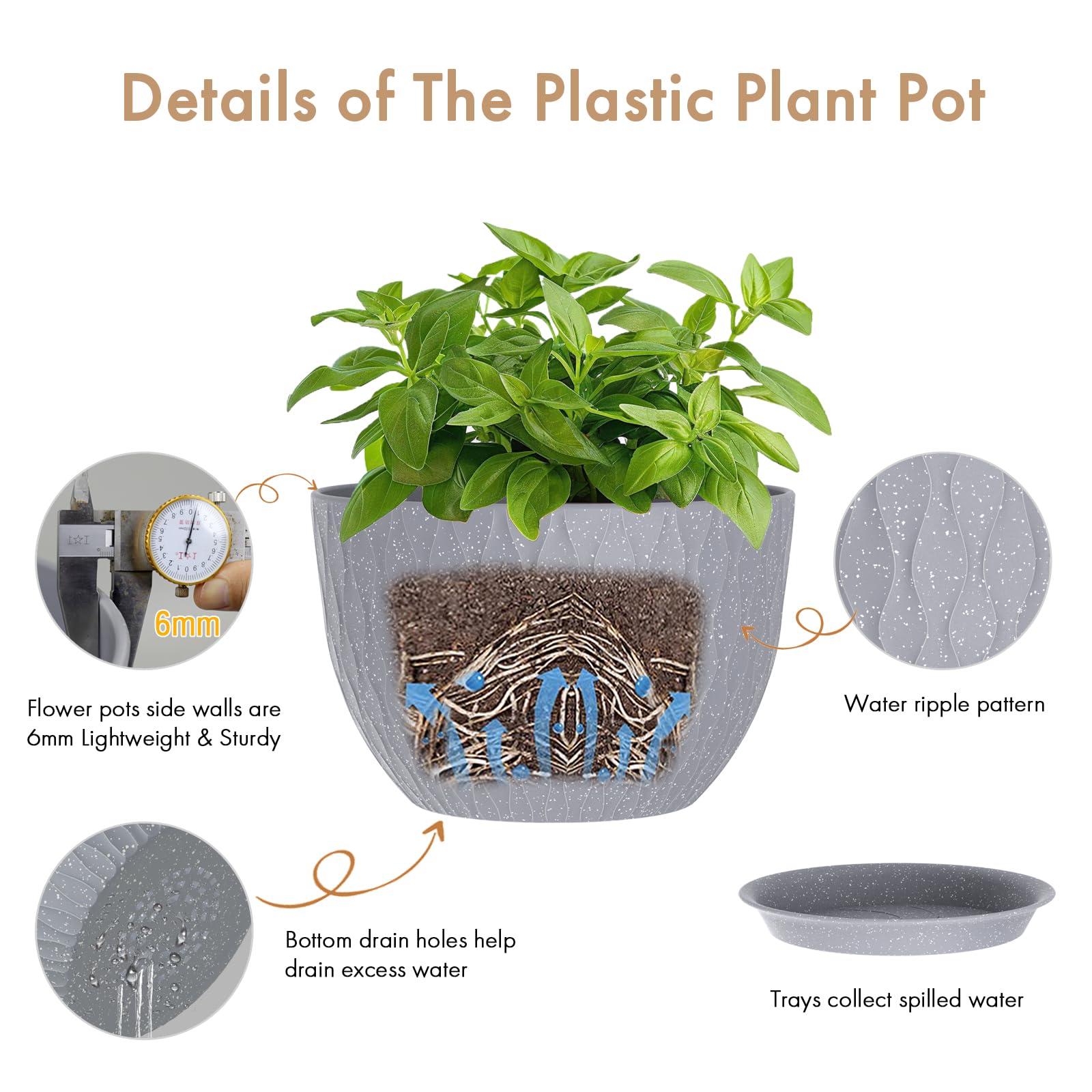 WSMKSZ 12 Inch Water Ripple Flower Pot with drainage holes and tray