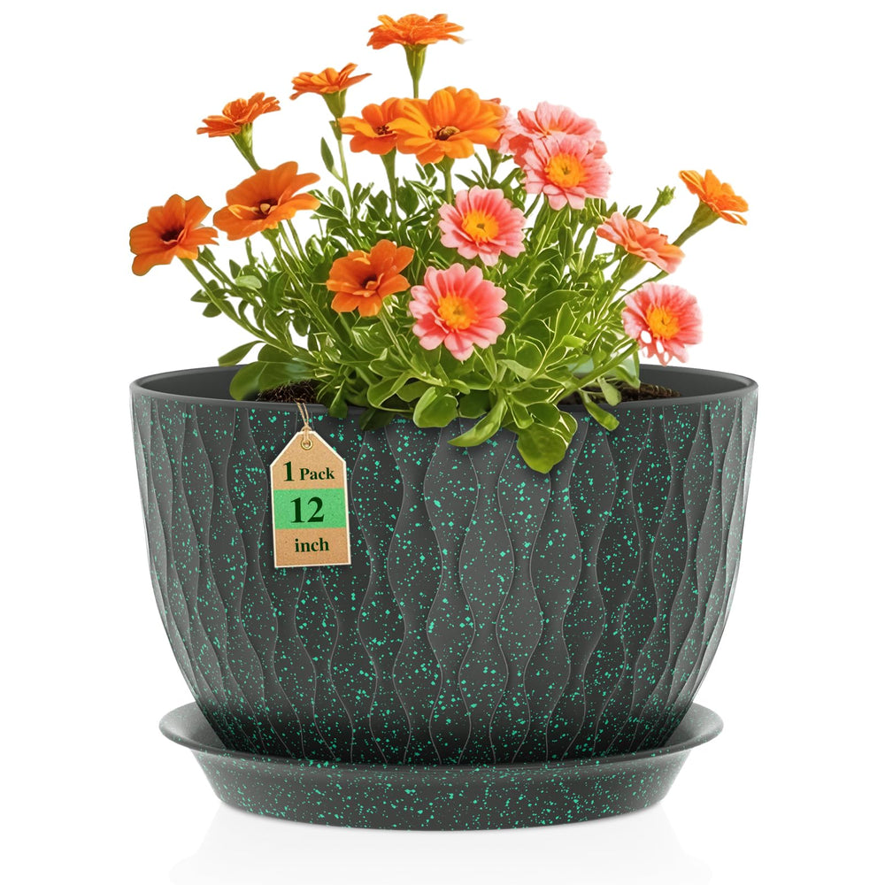 WSMKSZ 12 inch water ripples flower pot black with green speckles front view