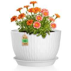 WSMKSZ 12 Inch white plant pot with water ripple design front view