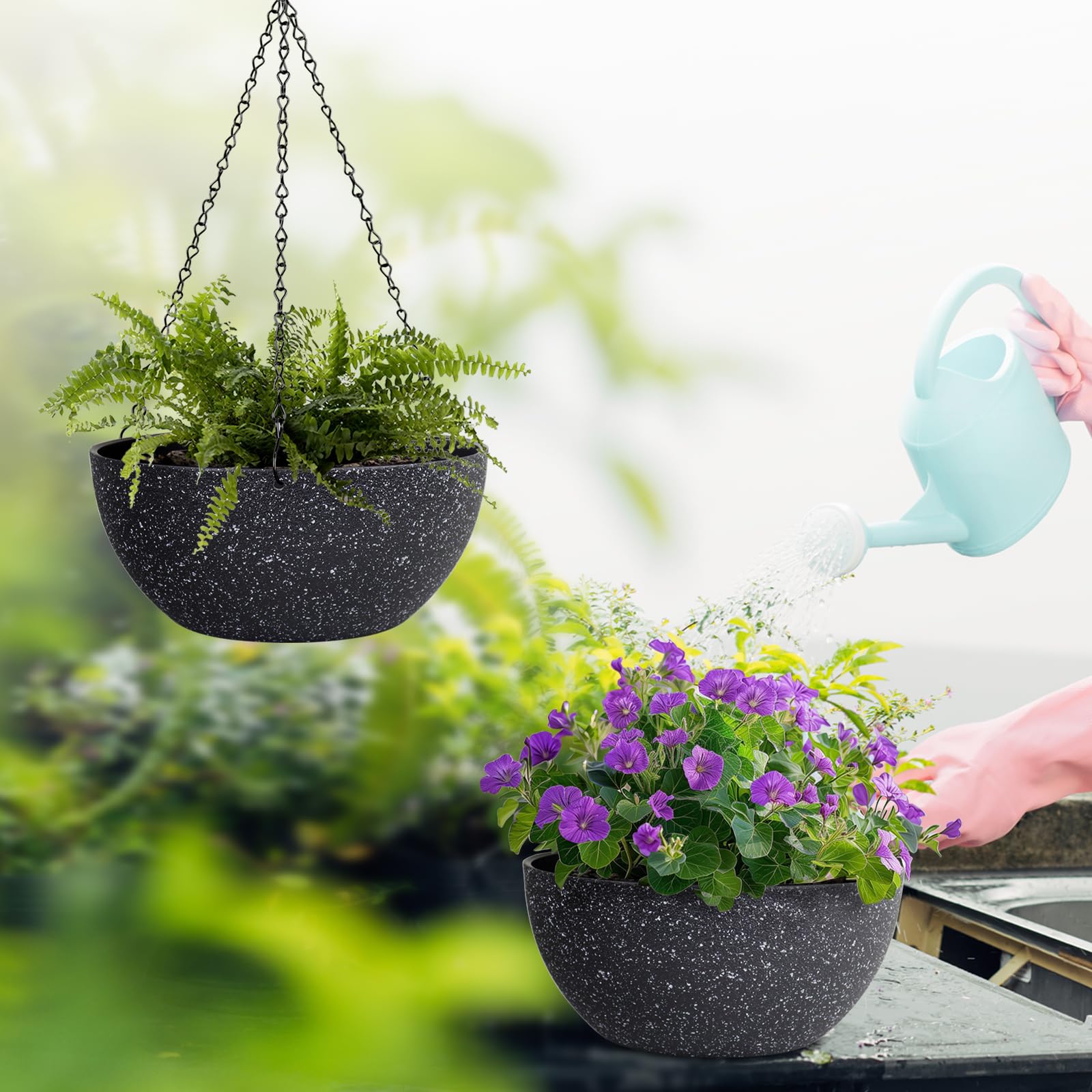 WSMKSZ 13 inch hanging planter shown outdoors with flowers