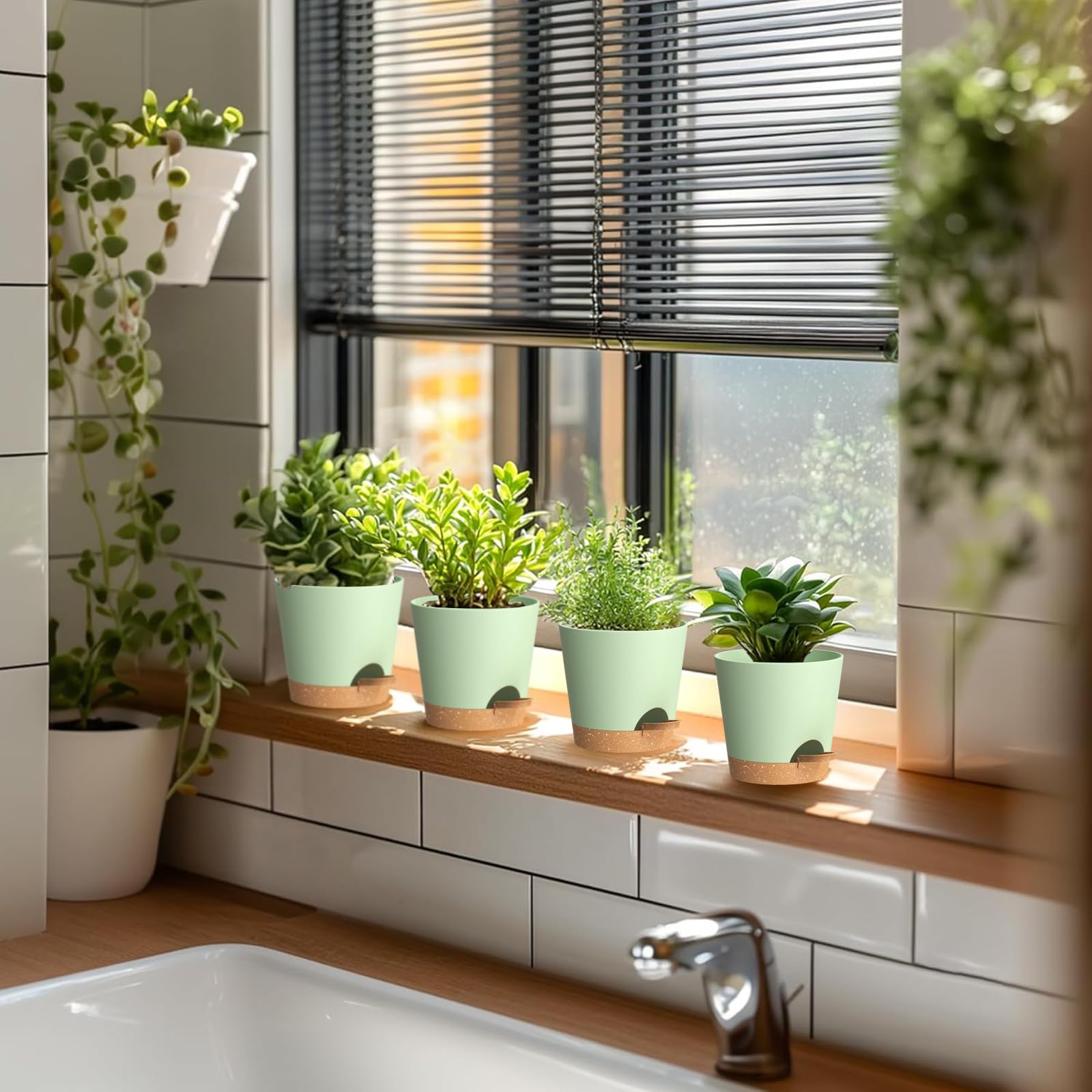 WSMKSZ 4 inch pots on kitchen window sill with plants