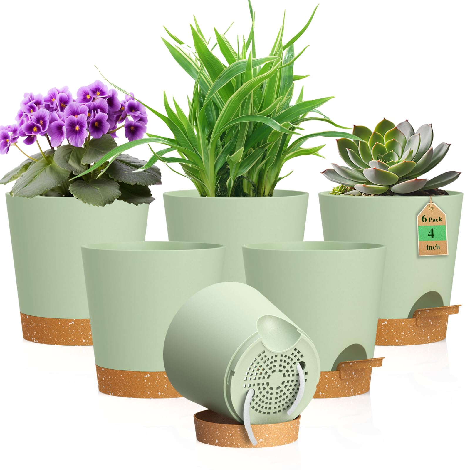 WSMKSZ 4 inch self-watering pot set, green brown colour