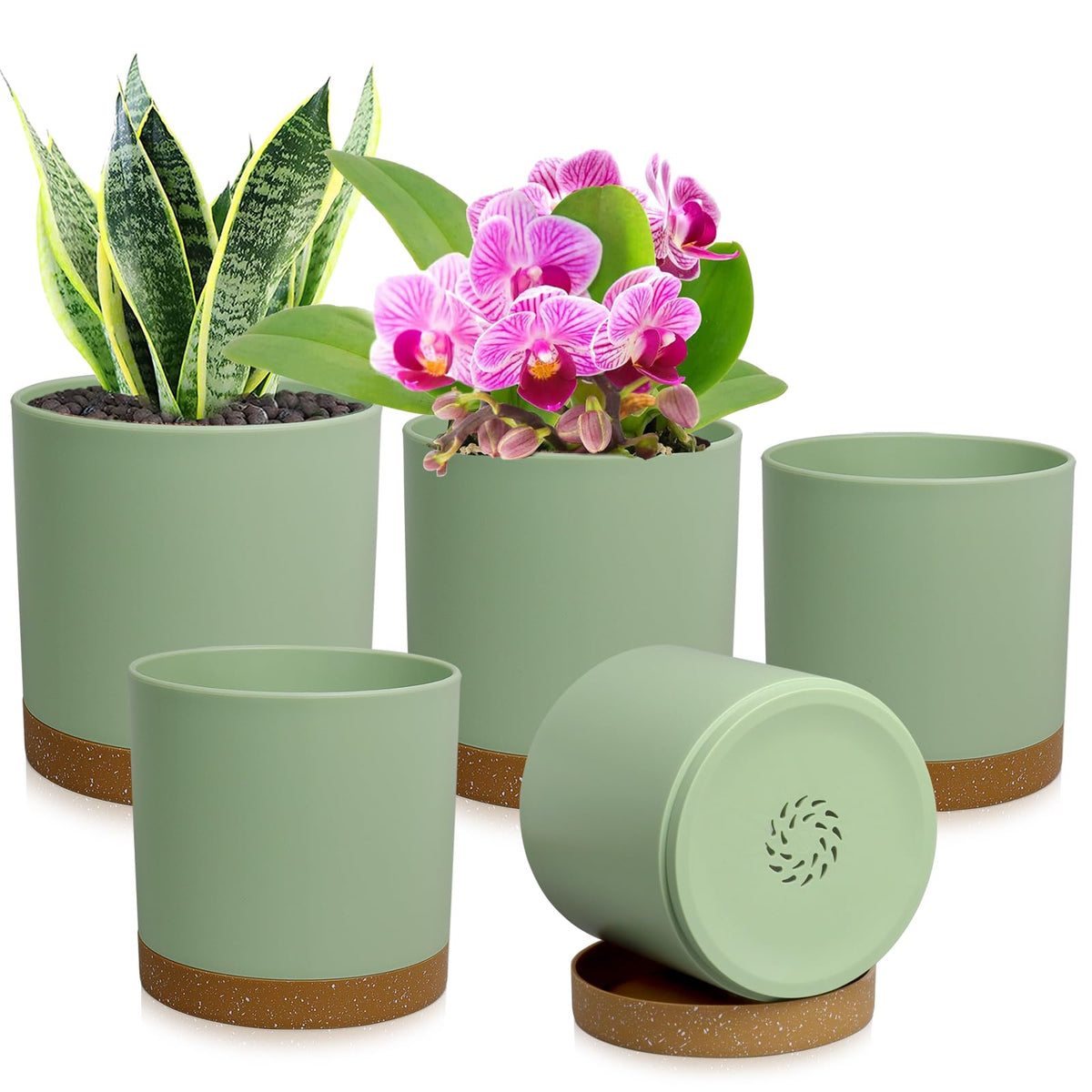 WSMKSZ 5 Pack Cylindrical Flower Pots in green and brown
