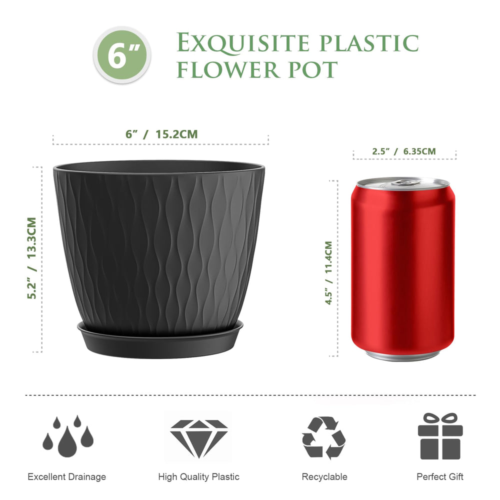 WSMKSZ 6 inch black plant pot side view with ripple texture