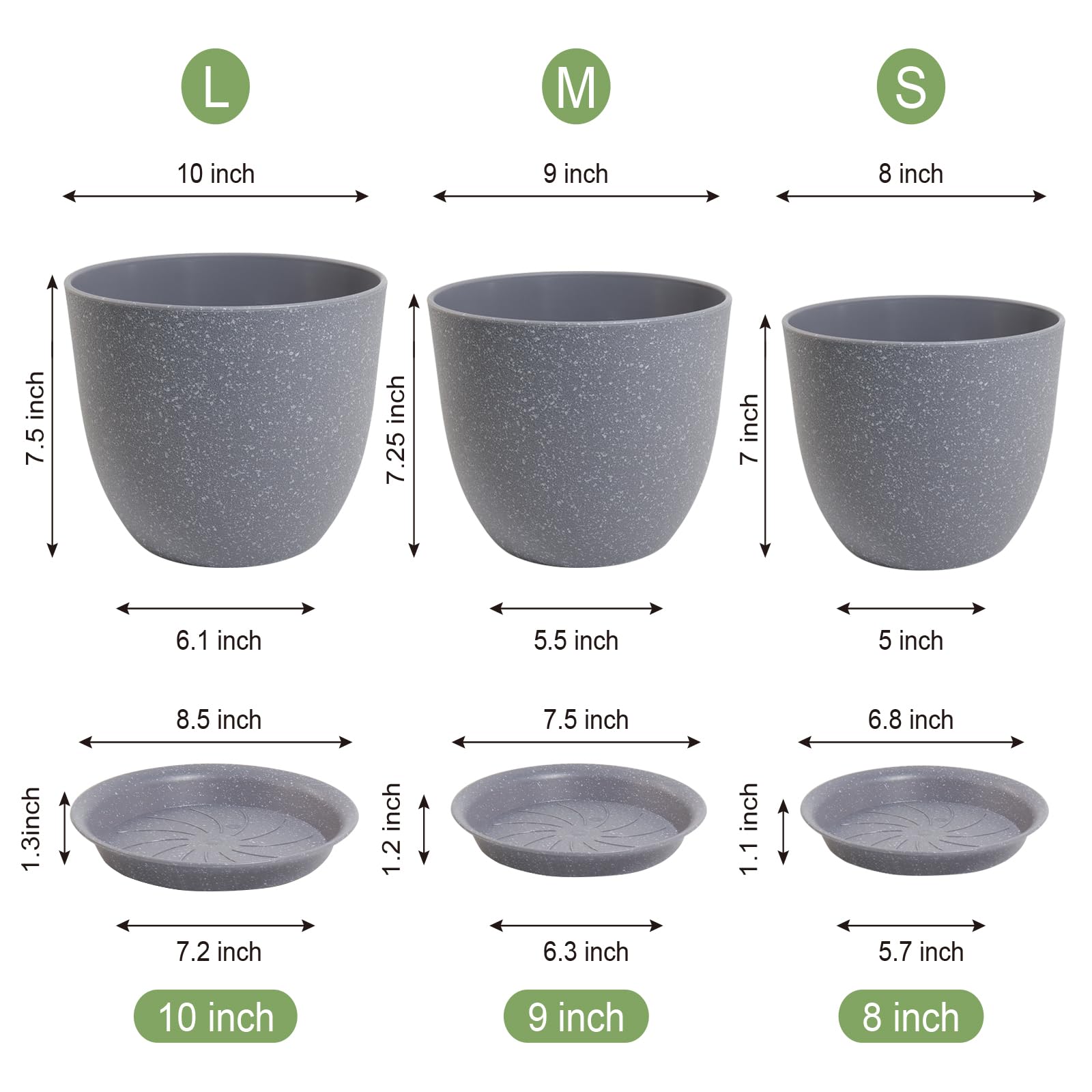 WSMKSZ 8 inch speckled grey plant pot with saucer