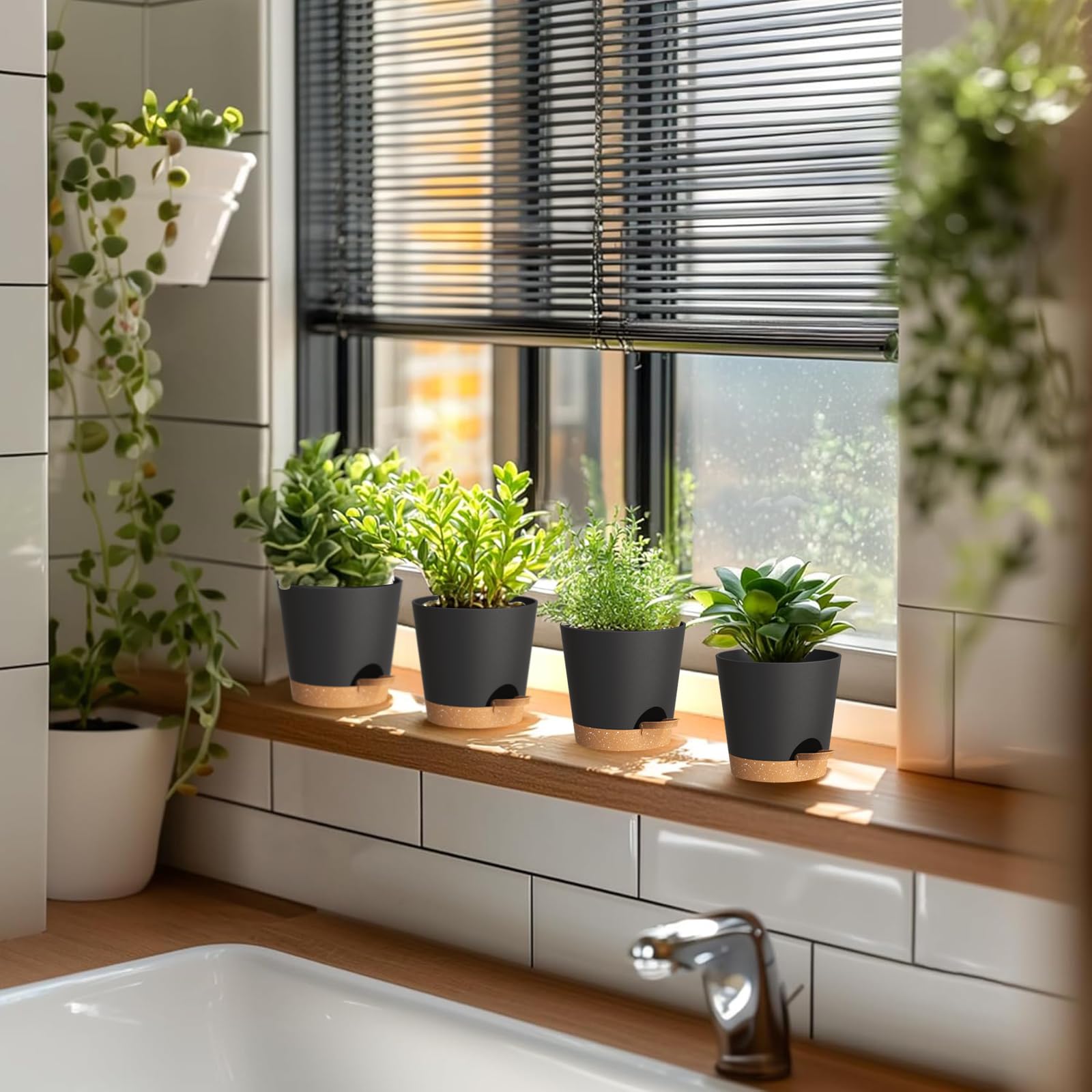 WSMKSZ self watering pots displayed on a kitchen window sill