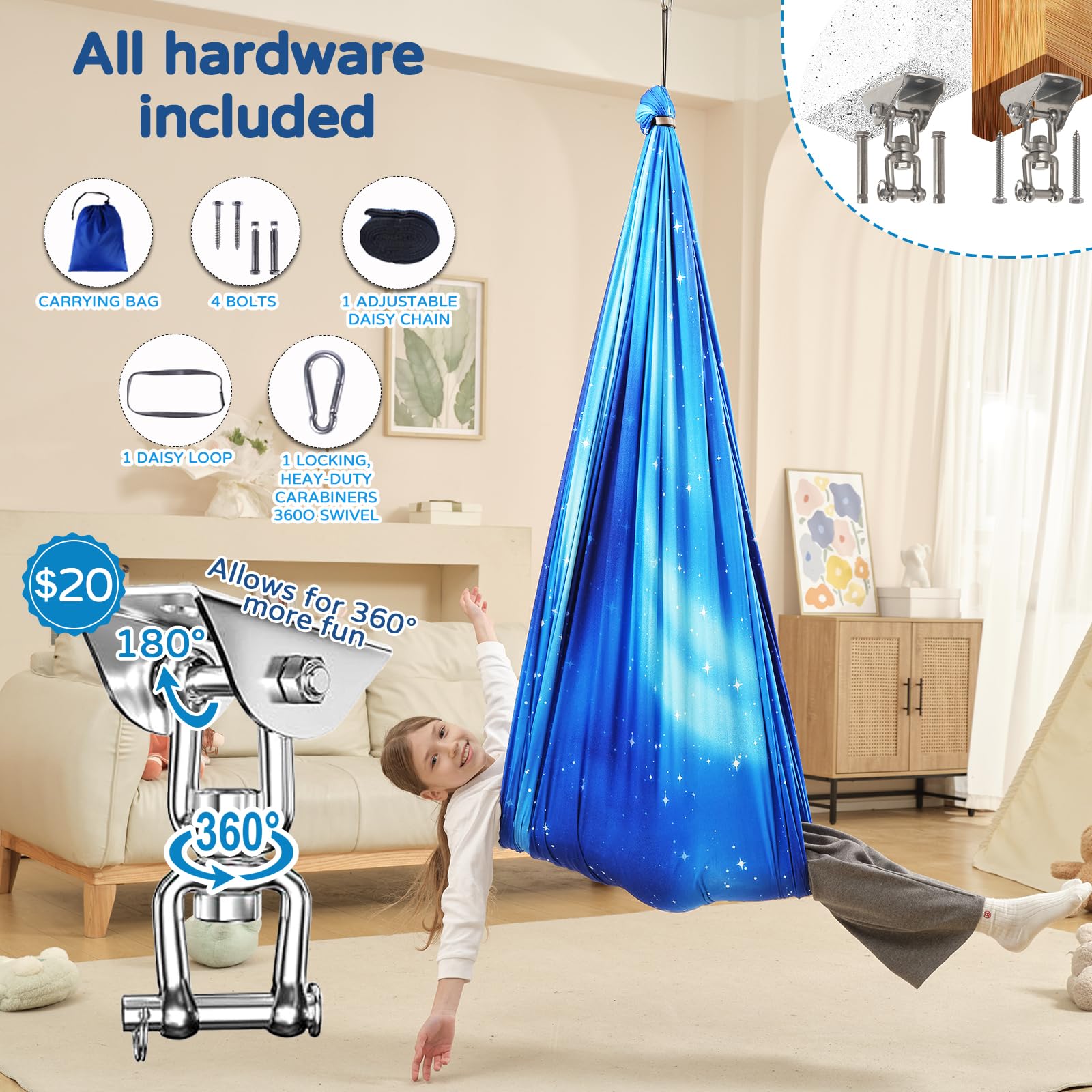 WUBOTIYU Sensory Swing with accessories laid out
