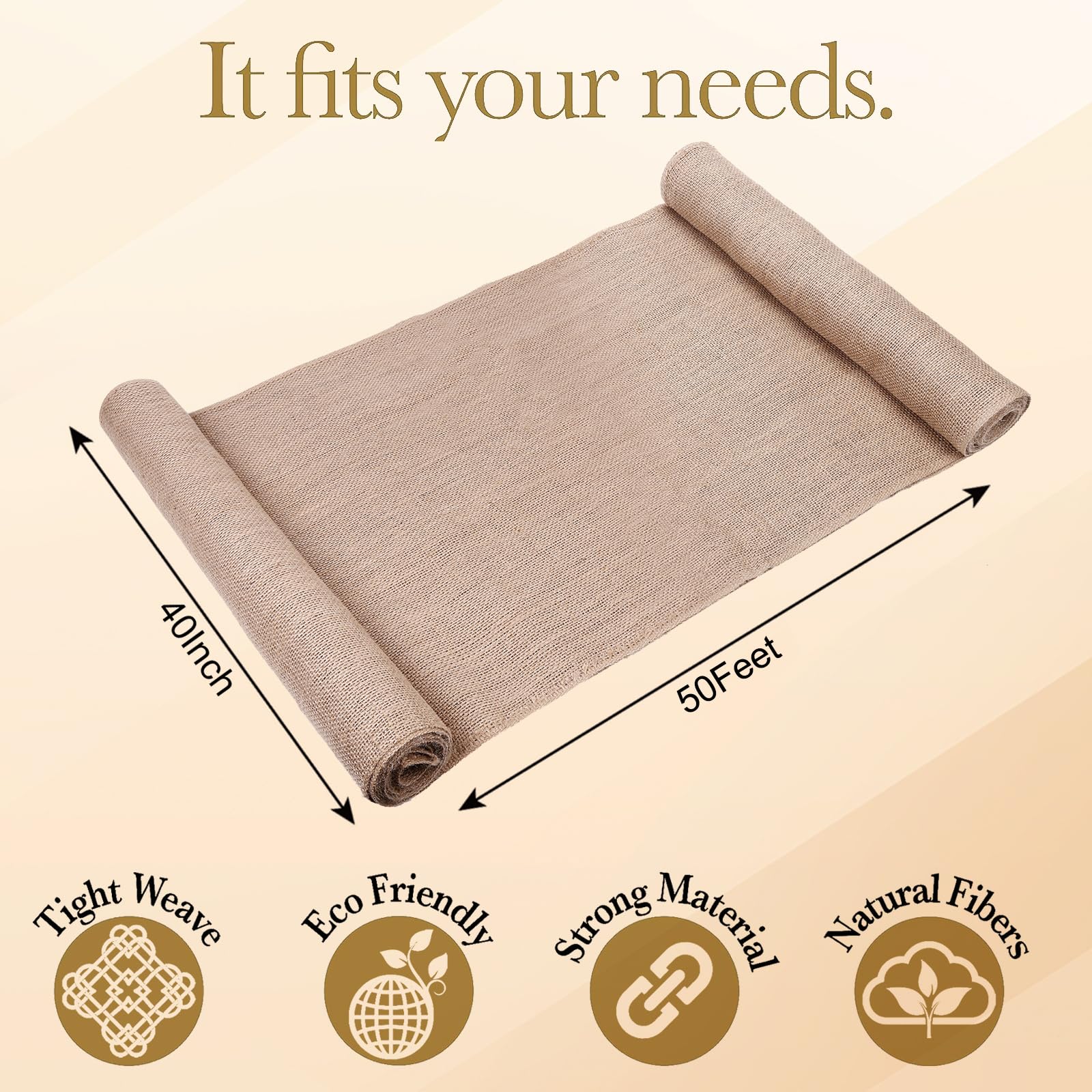 Wukfuiui burlap roll unpacked with dimensions shown