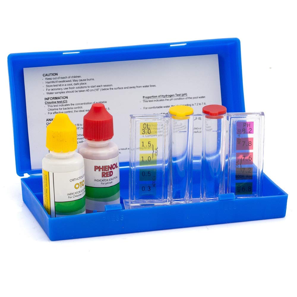 WWD POOL 2 Way Test Kit front view with included solutions