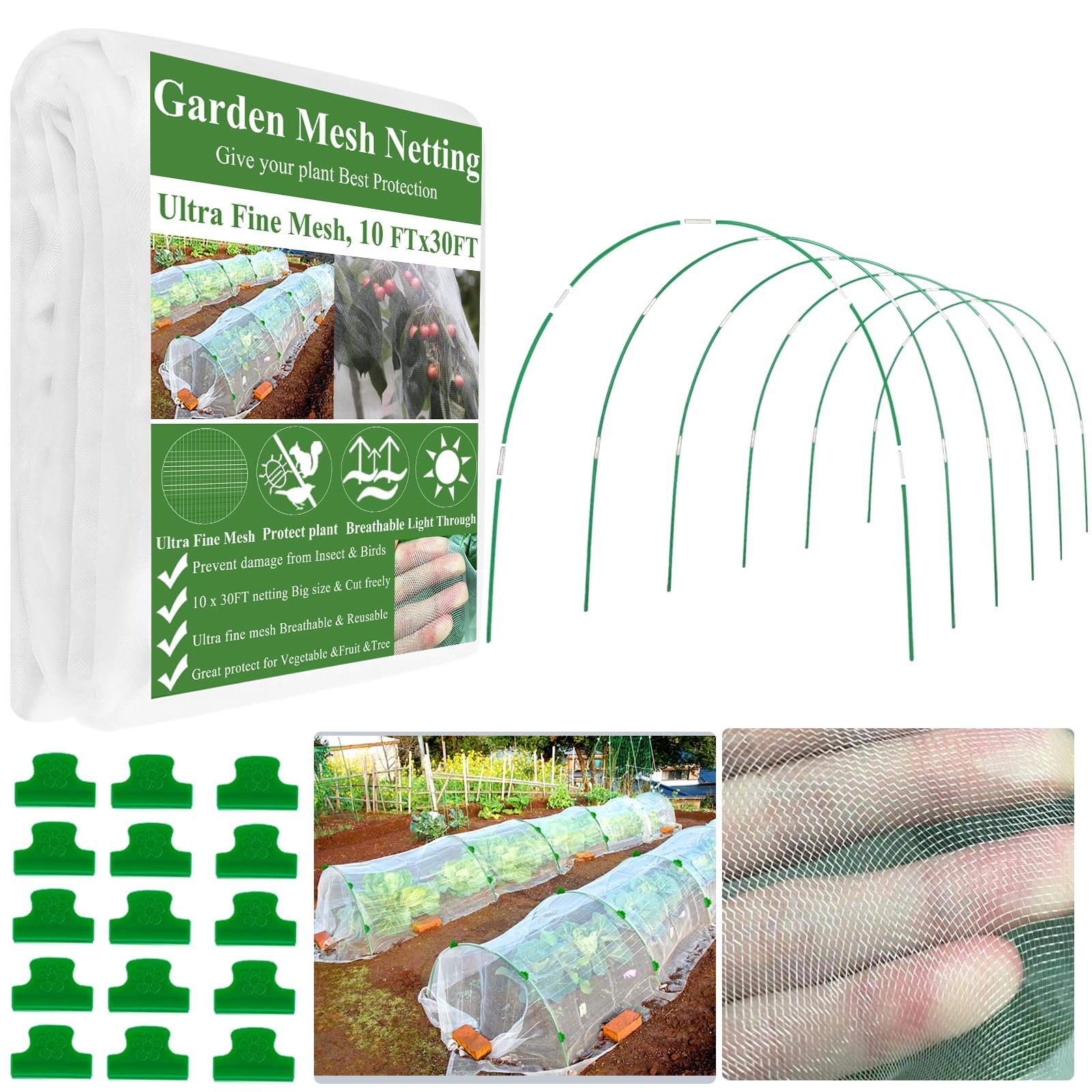 WYRJXYB Garden Mesh Netting Kit 10x30FT with hoops