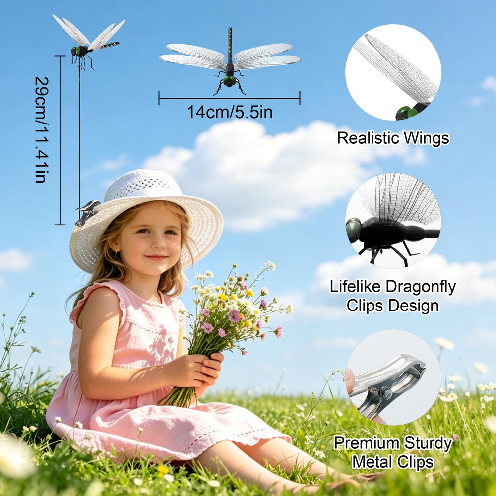 Xandova black dragonfly clip attached to a flower pot