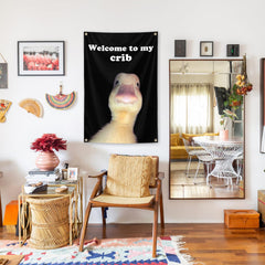 XEODE Welcome to My Crib Flag hanging outdoors