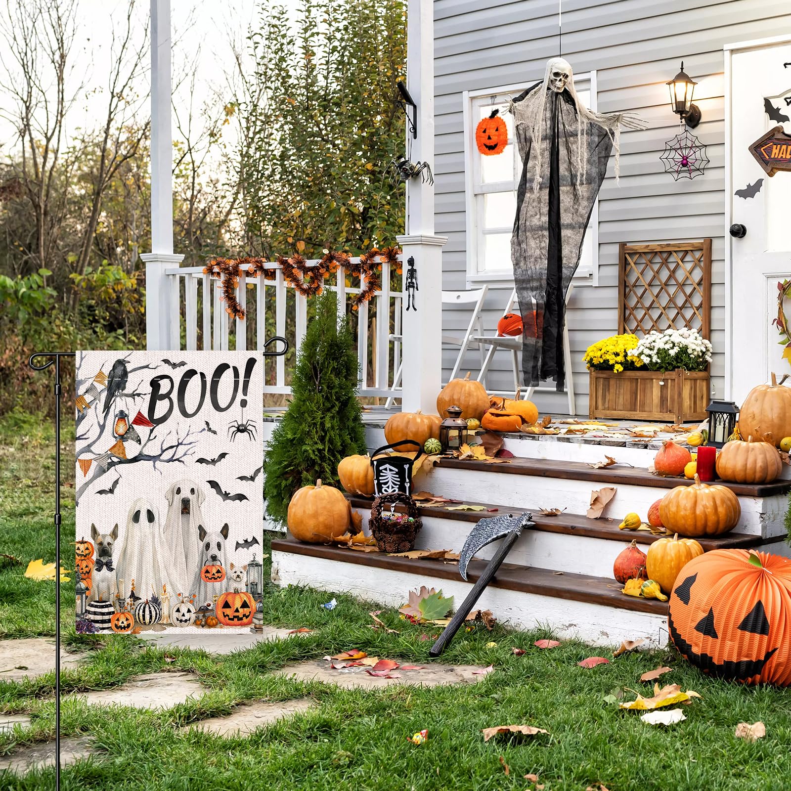 xepaxon Halloween Boo Garden Flag in festive autumn setting