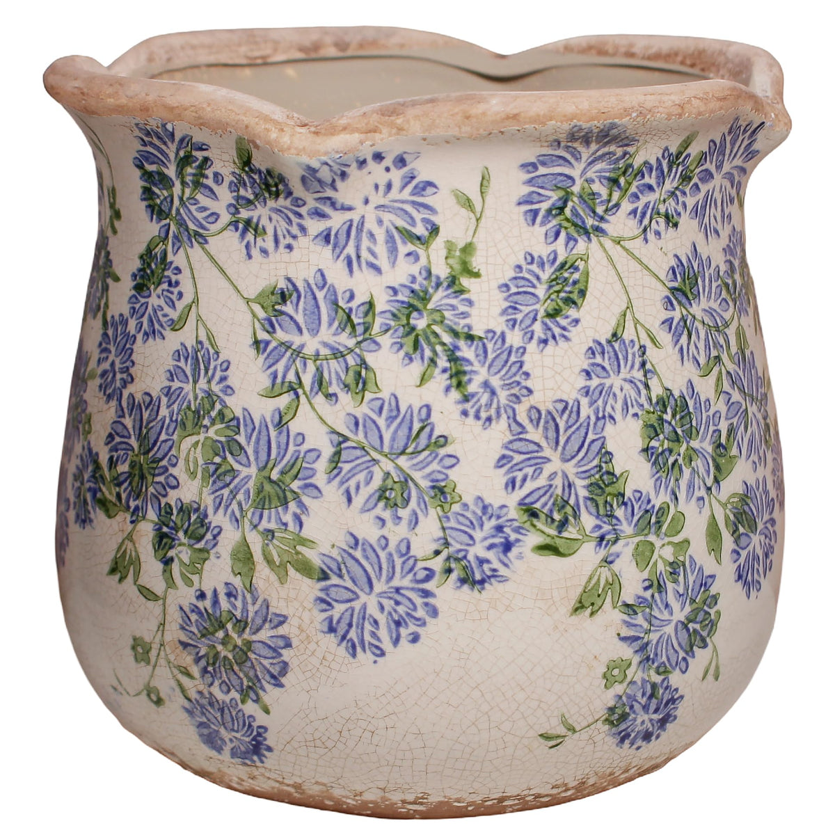 Xiaan Jiaju Vintage Ceramic Plant Pot front view in Antique Blue Meadow