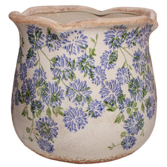 Xiaan Jiaju Vintage Ceramic Plant Pot front view in Antique Blue Meadow