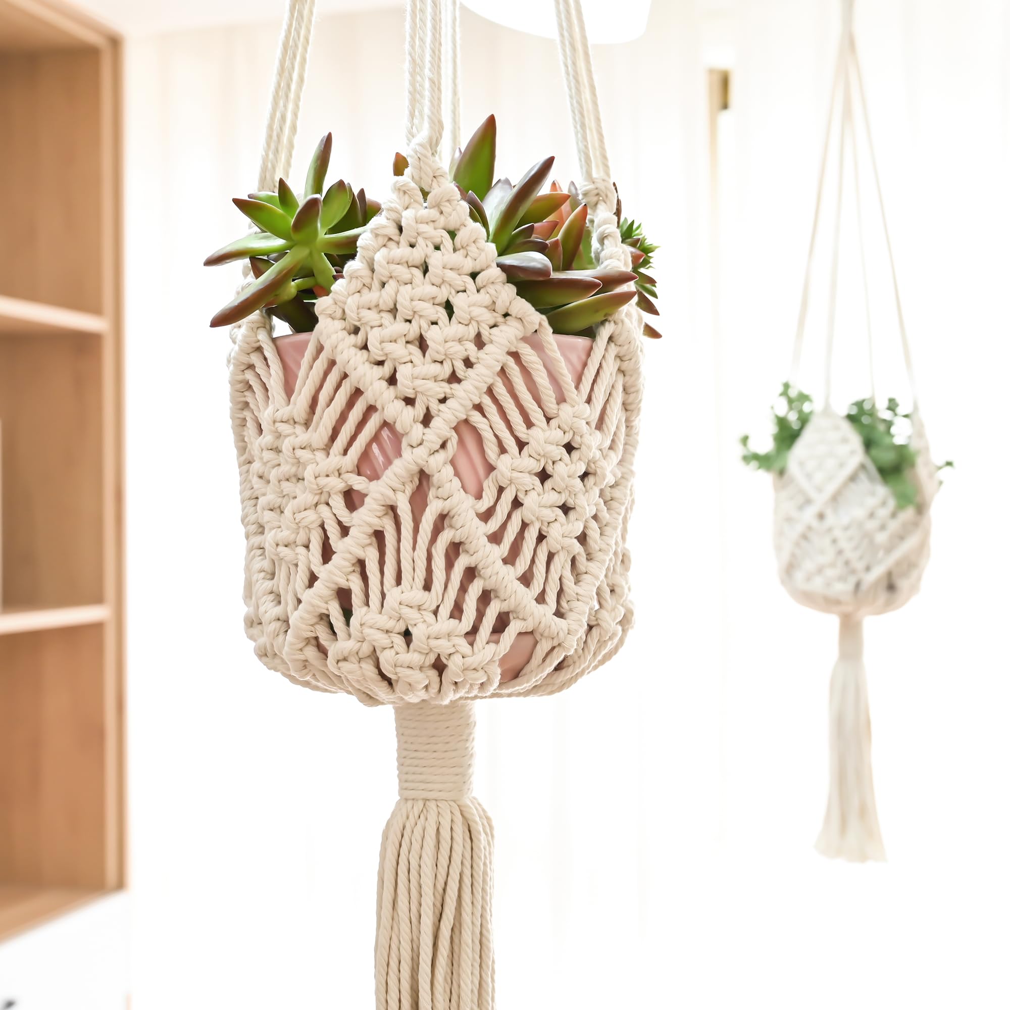 XINBOR Hanging Planter front view with white macrame design