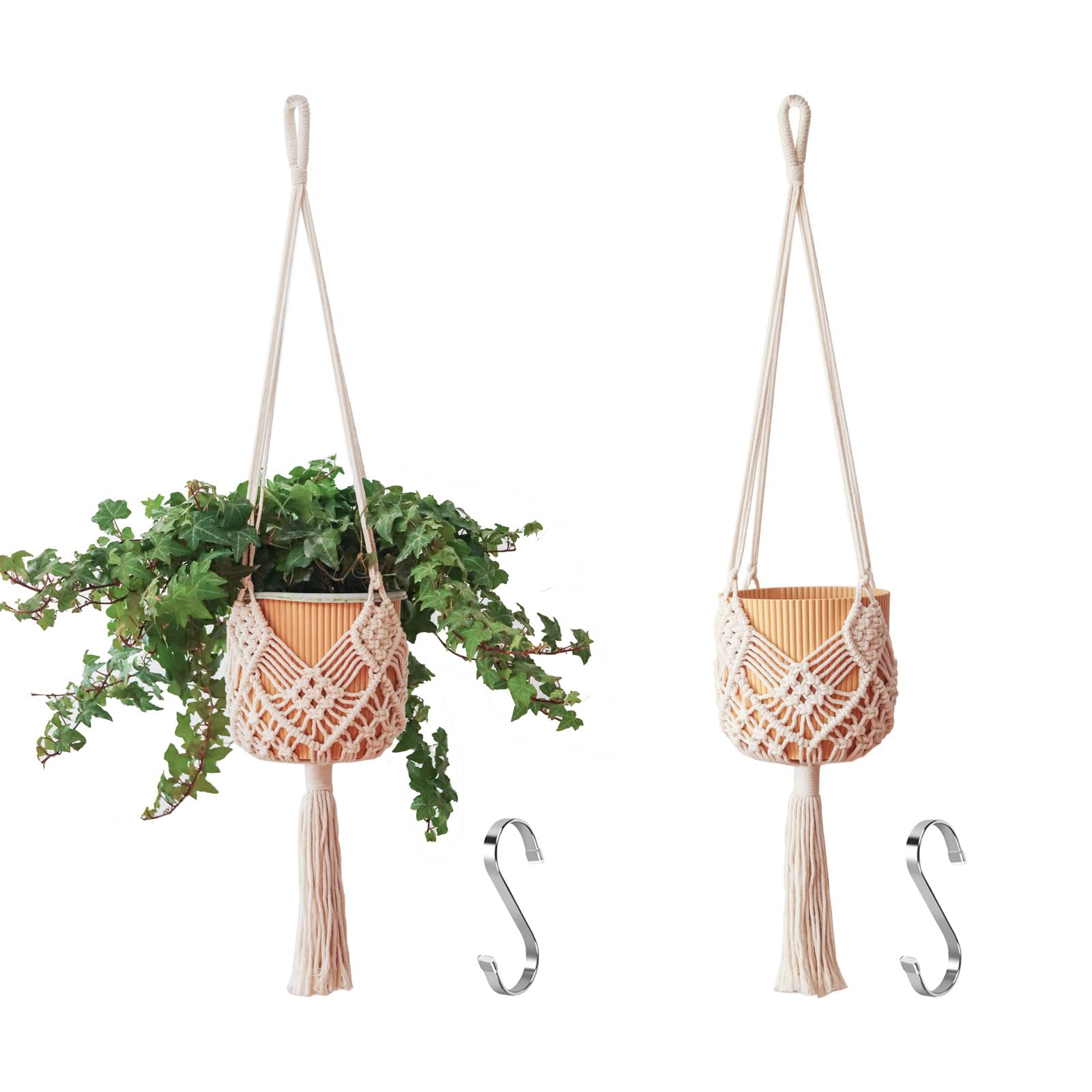 XINBOR macrame plant hanger showing S-shaped stainless steel hook