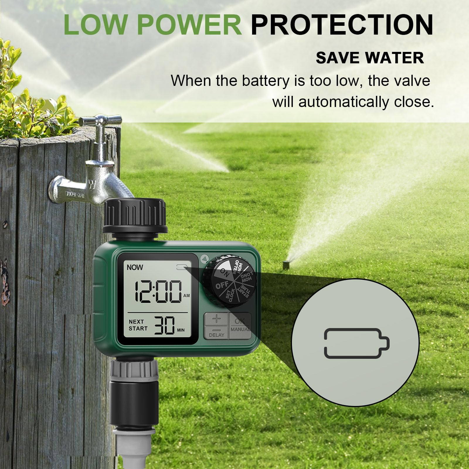 XinFuture water timer showing programming dial and settings