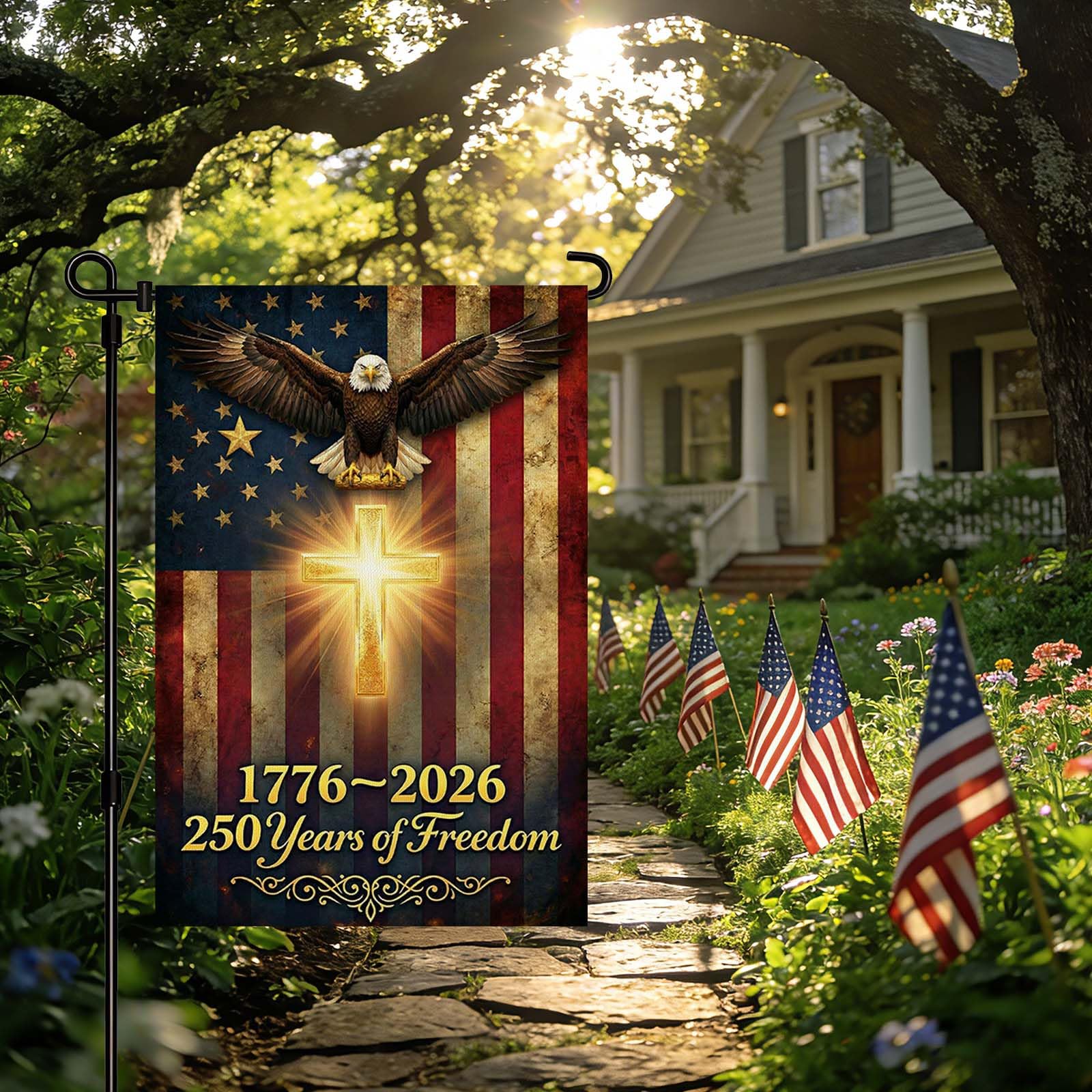 XINNK 250 Anniversary USA Garden Flag displayed during a patriotic event
