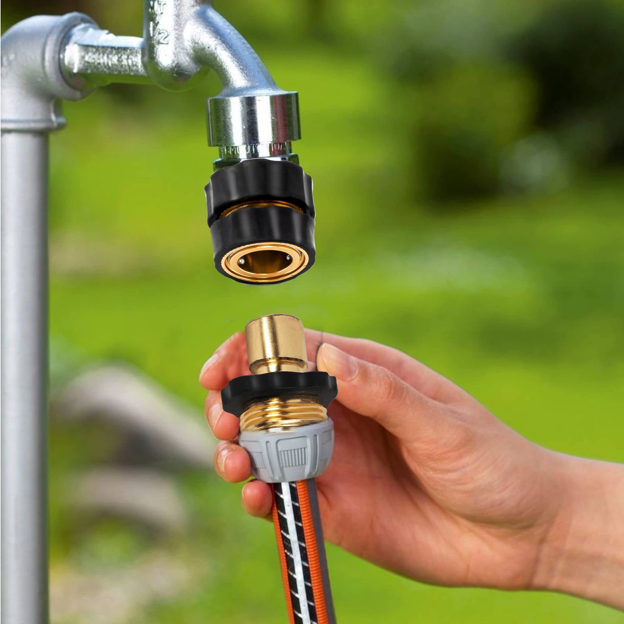 Xiny Tool quick connect connectors used on a garden hose in a garden setting