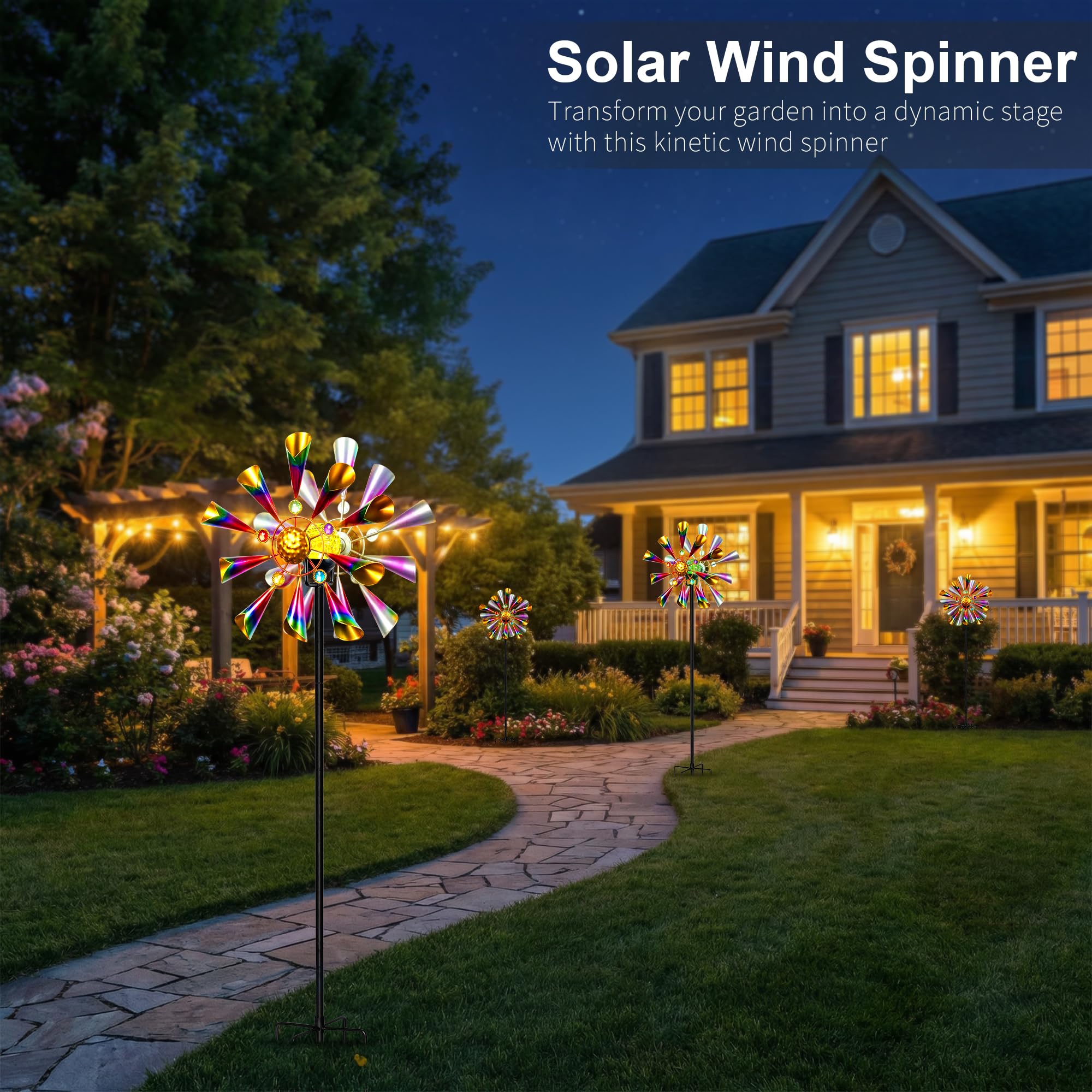 XPSCOCO Solar Wind Spinner illuminated at night with RGB colours