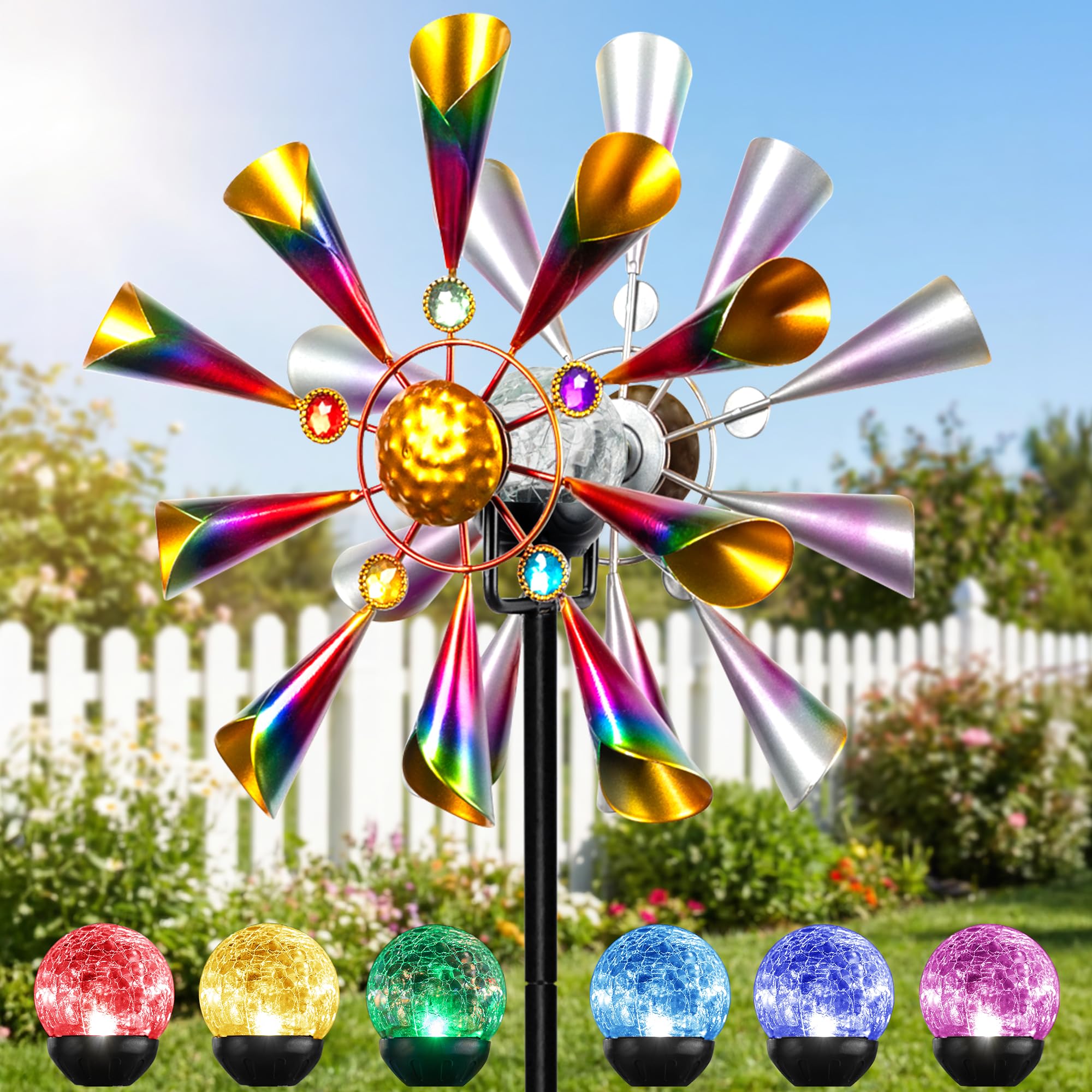 XPSCOCO Solar Wind Spinner showcased in a lush garden
