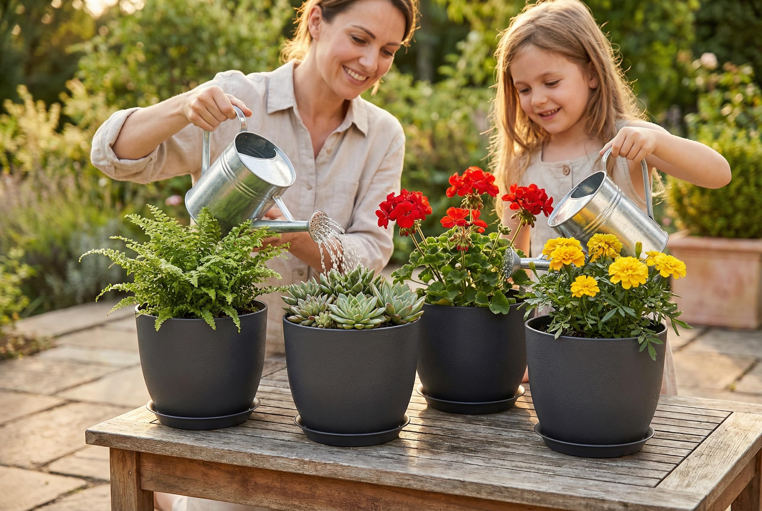 XQSHPDM 8 Inch plastic planters stacked for easy storage