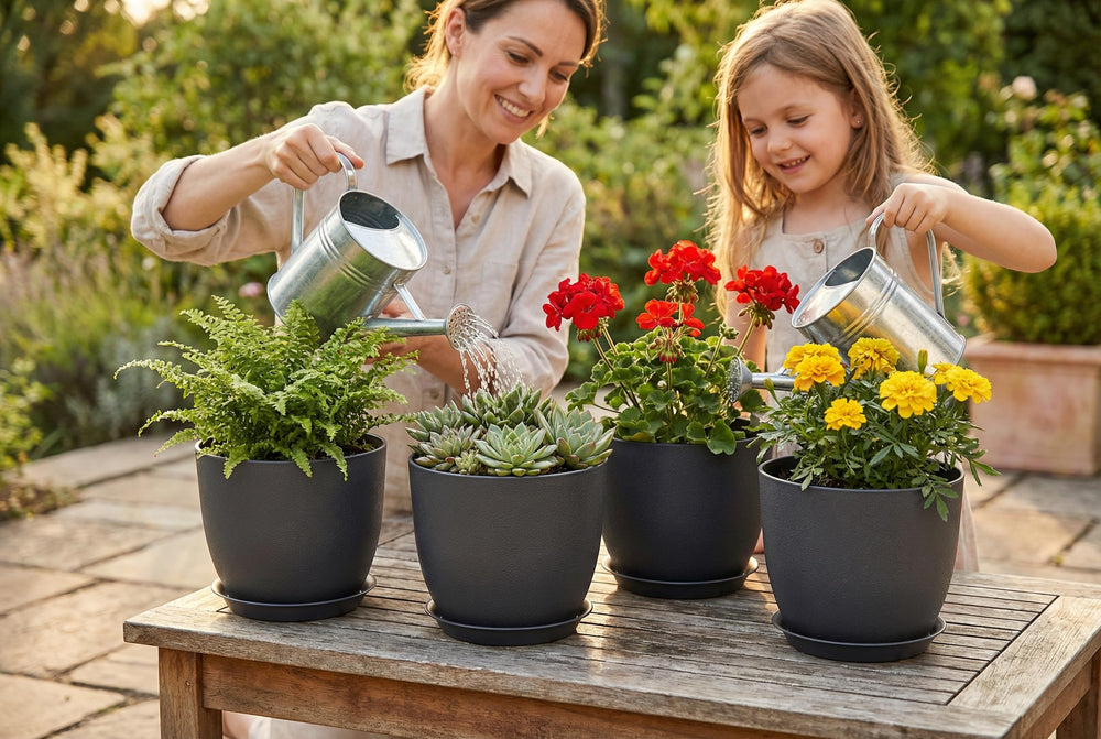 XQSHPDM 8 Inch plastic planters stacked for easy storage