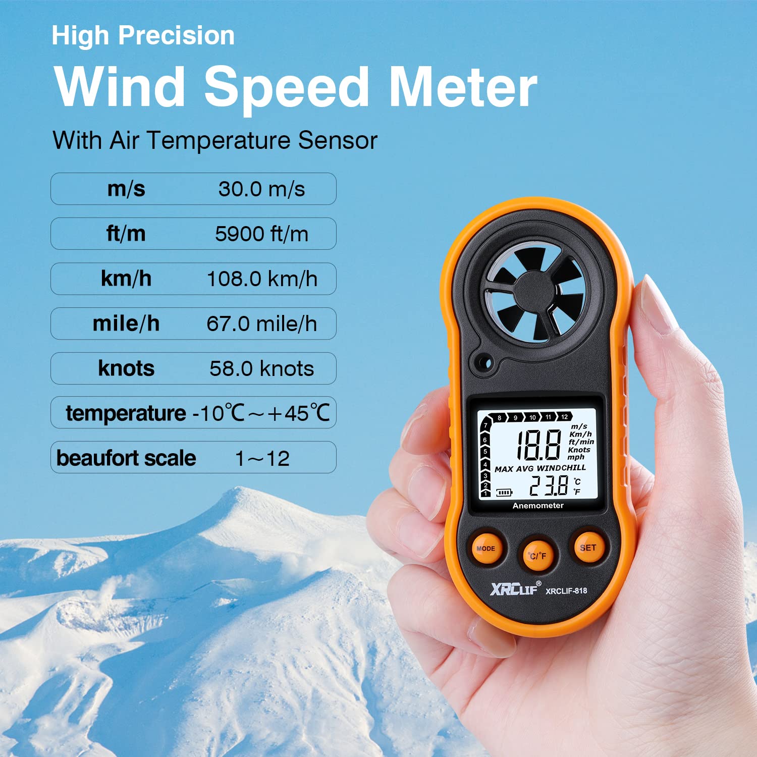 XRCLIF Anemometer showing measurement features and buttons