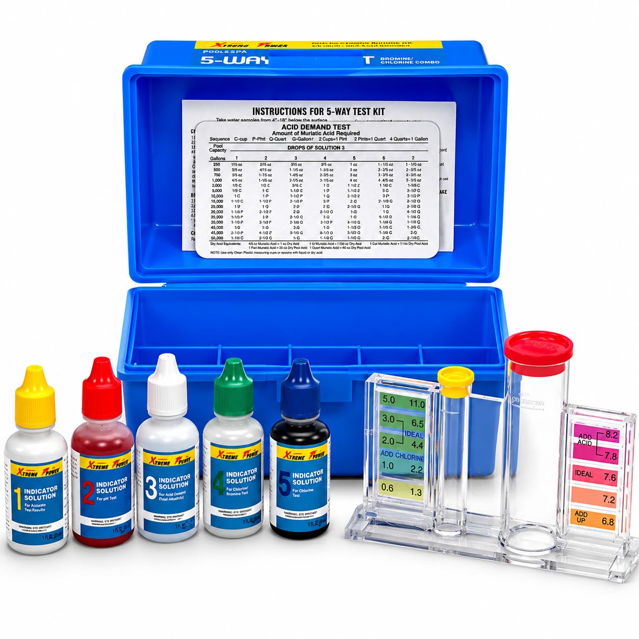 XtremepowerUS 5-Way Swimming Pool Test Kit front view in blue case