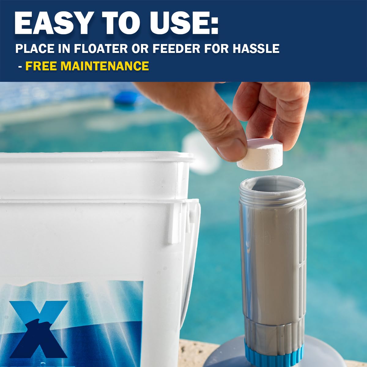 XtremepowerUS chlorine tabs being added to a floating dispenser