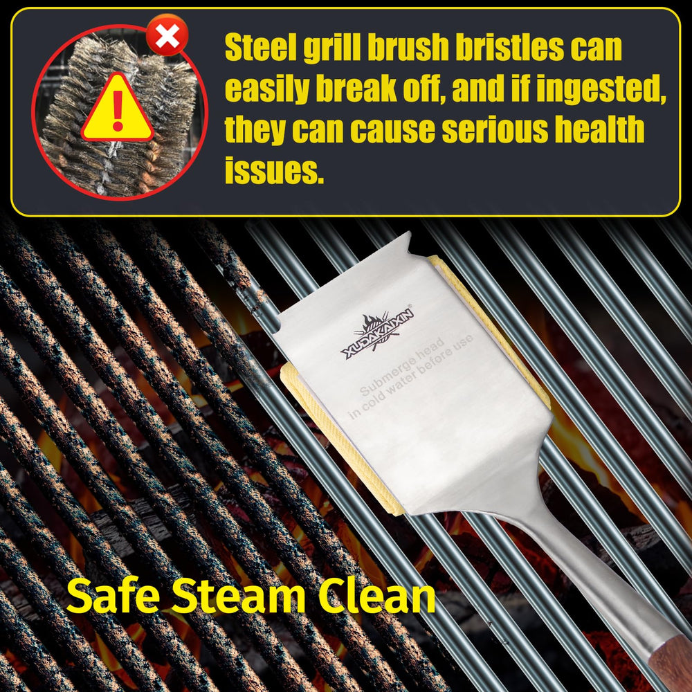 XUDAKAIXIN Bristle-Free Grill Brush displayed with various grills