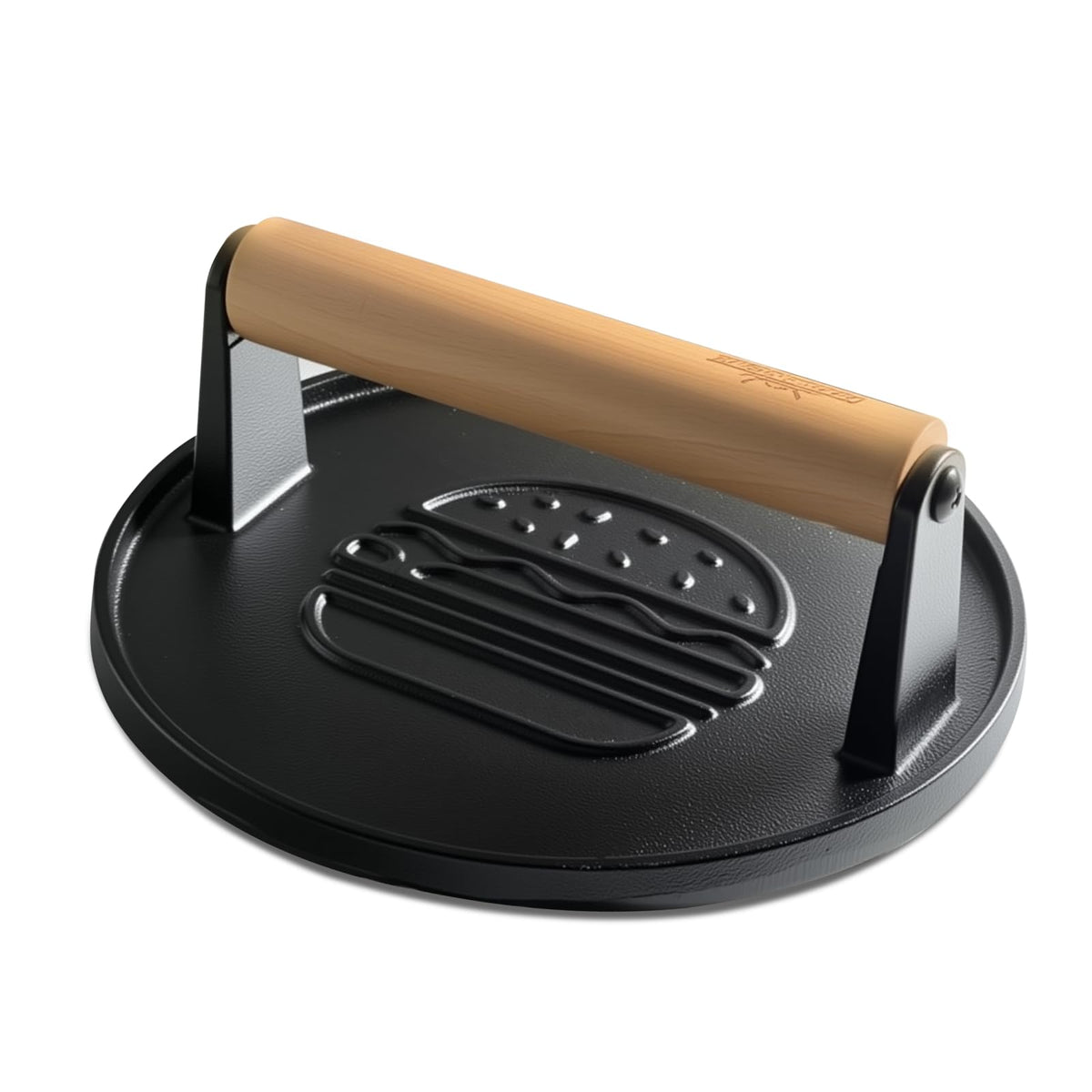 XUDAKAIXIN Cast Iron Burger Press front view with ergonomic handle