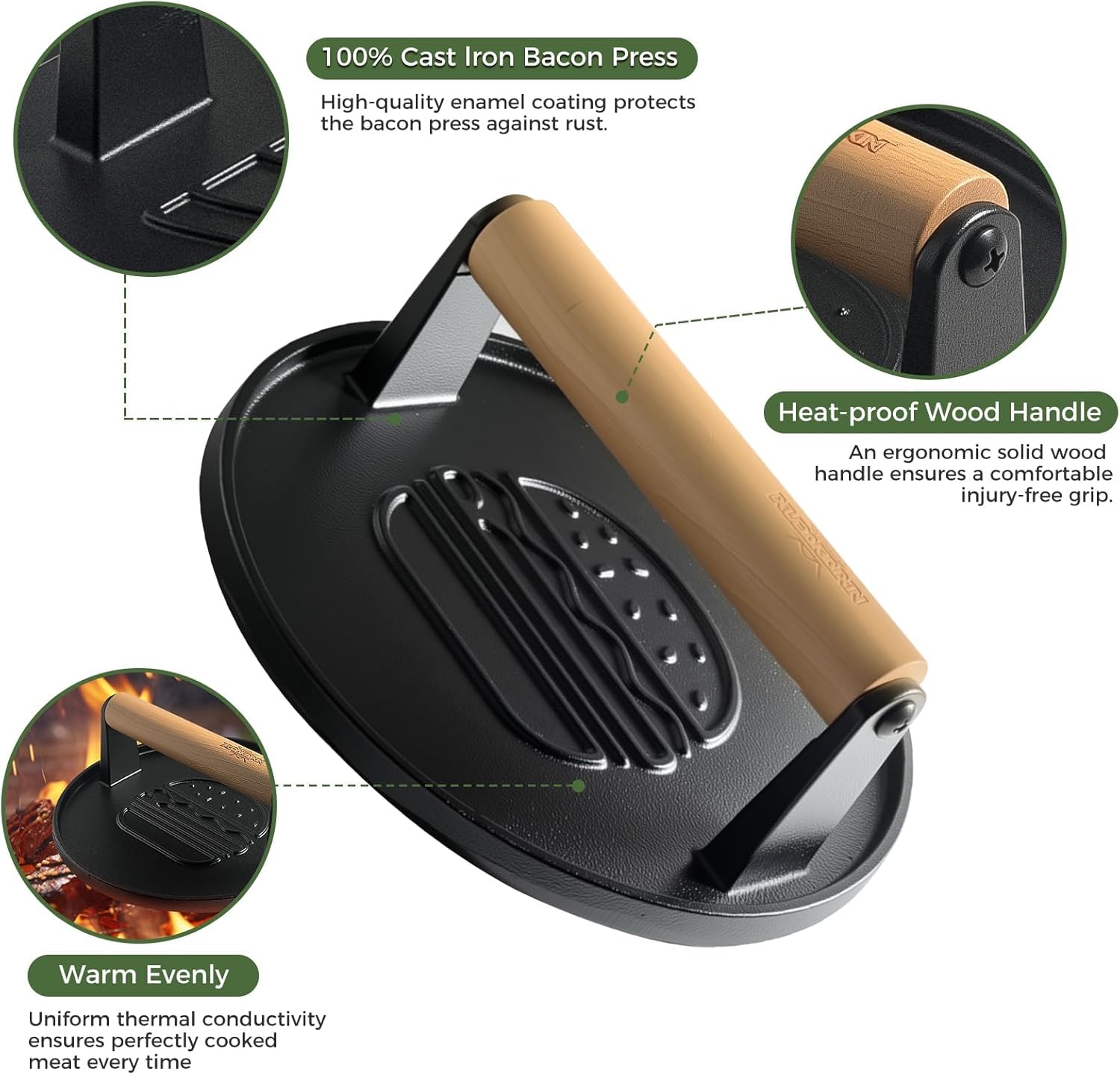 XUDAKAIXIN Cast Iron Burger Press on a grill with burgers cooking
