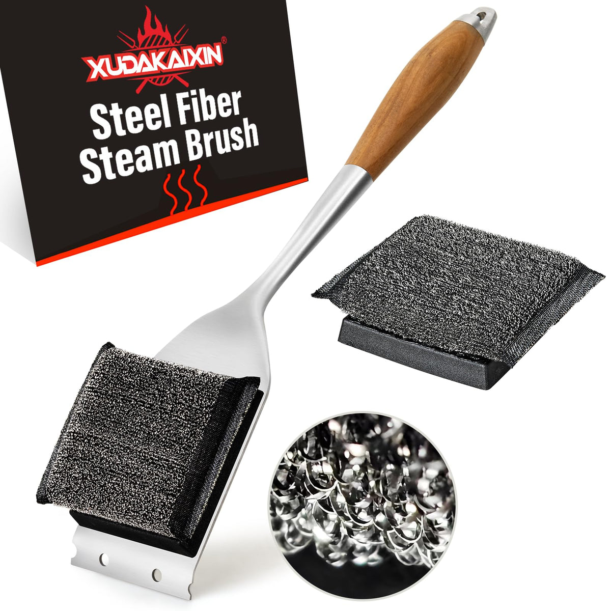 XUDAKAIXIN Grill Brush front view with steam cleaning feature