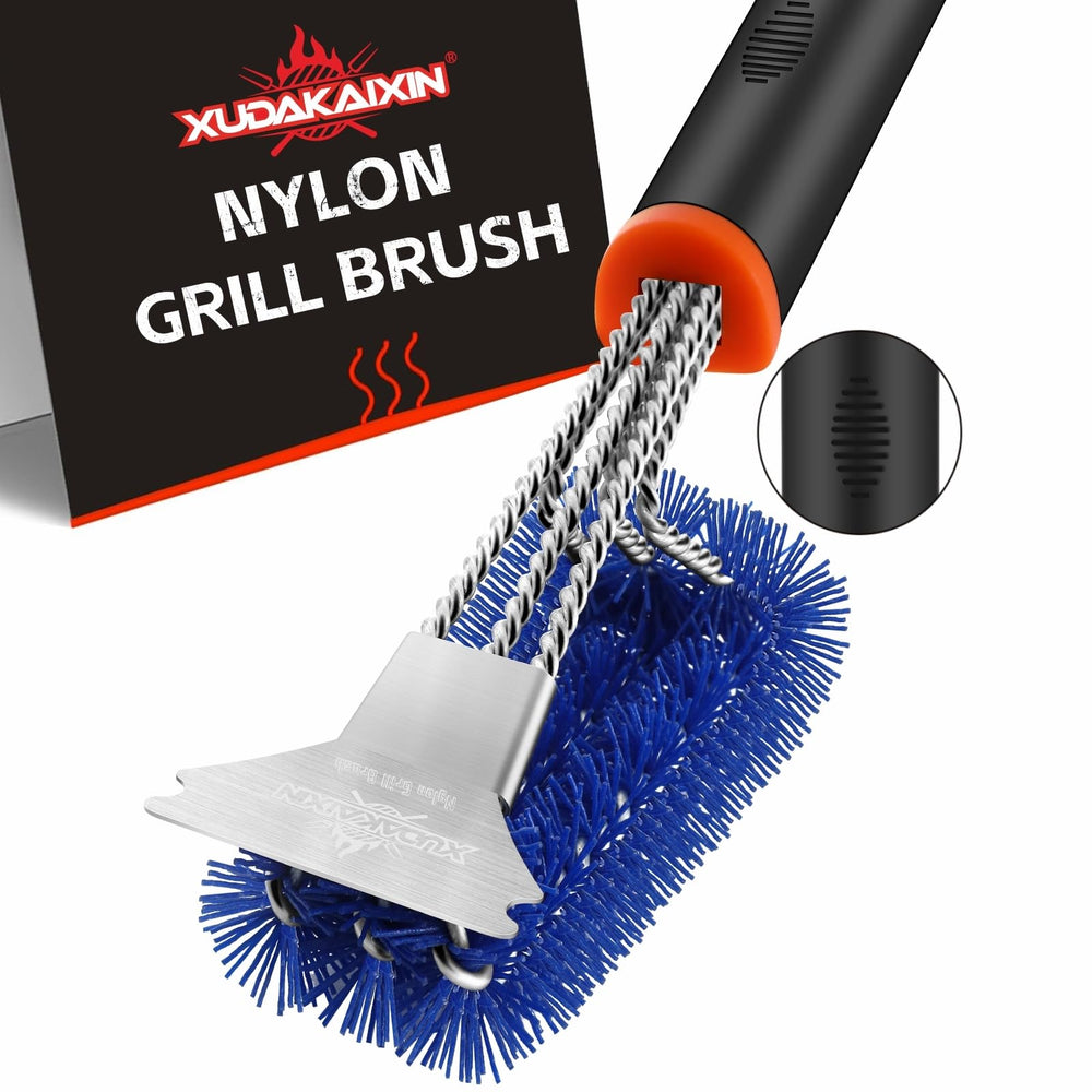 XUDAKAIXIN Nylon Grill Brush front view with blue handle