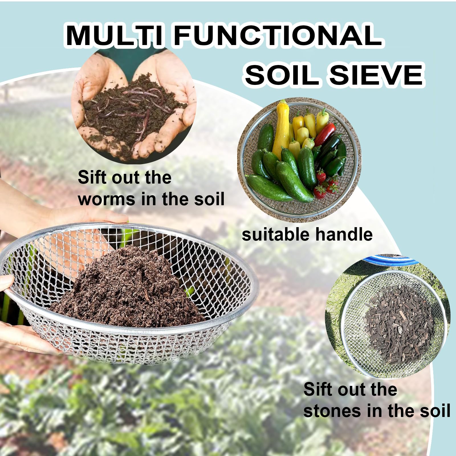 XULIFU Soil Sifter capturing dirt and rocks
