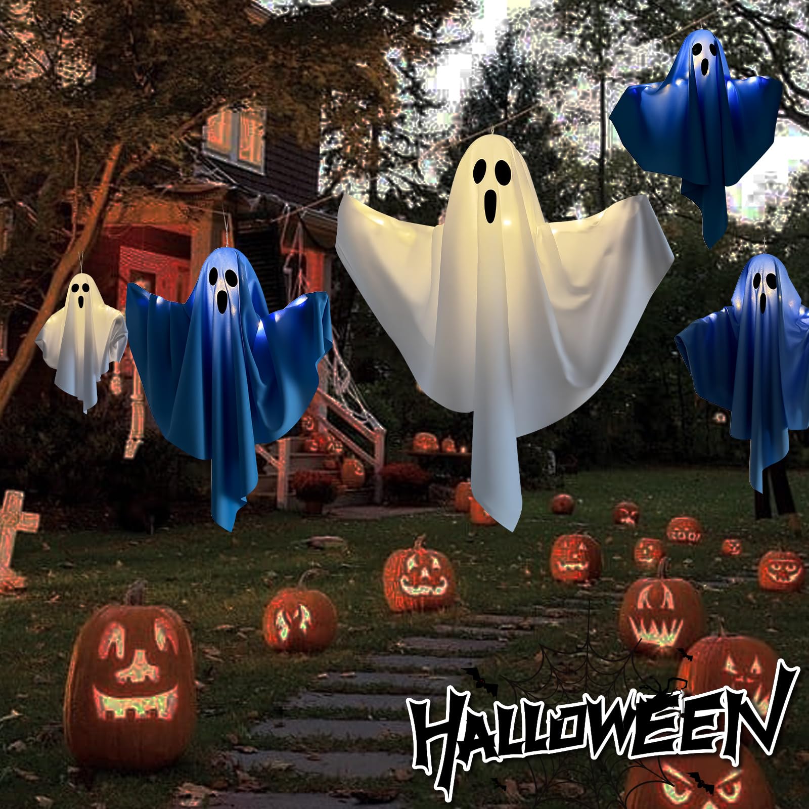 Xunqee hanging ghost with lights in garden at night