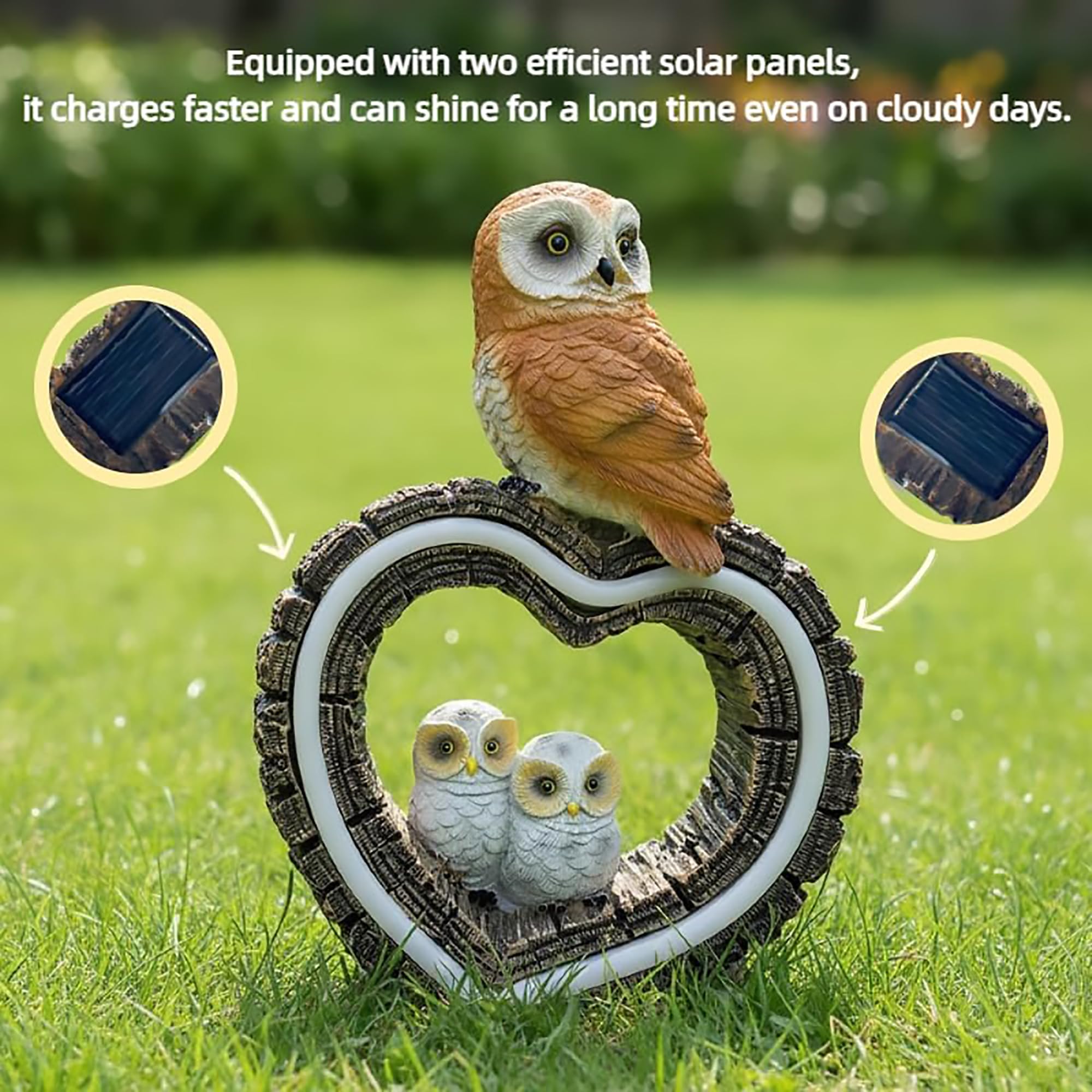 xxoasis Solar Garden Owl Statue with dual solar panels visible