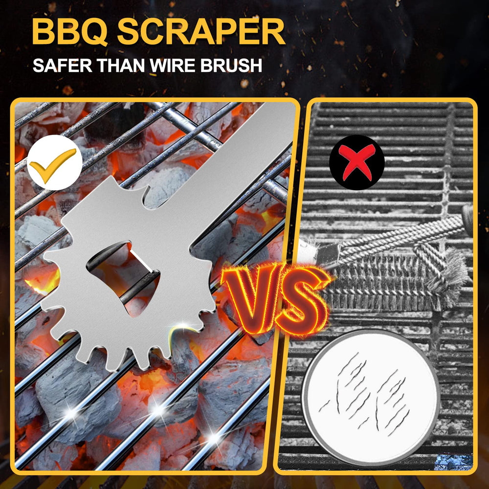 XYK BBQ Grill Scraper alongside a beer bottle for the opener feature