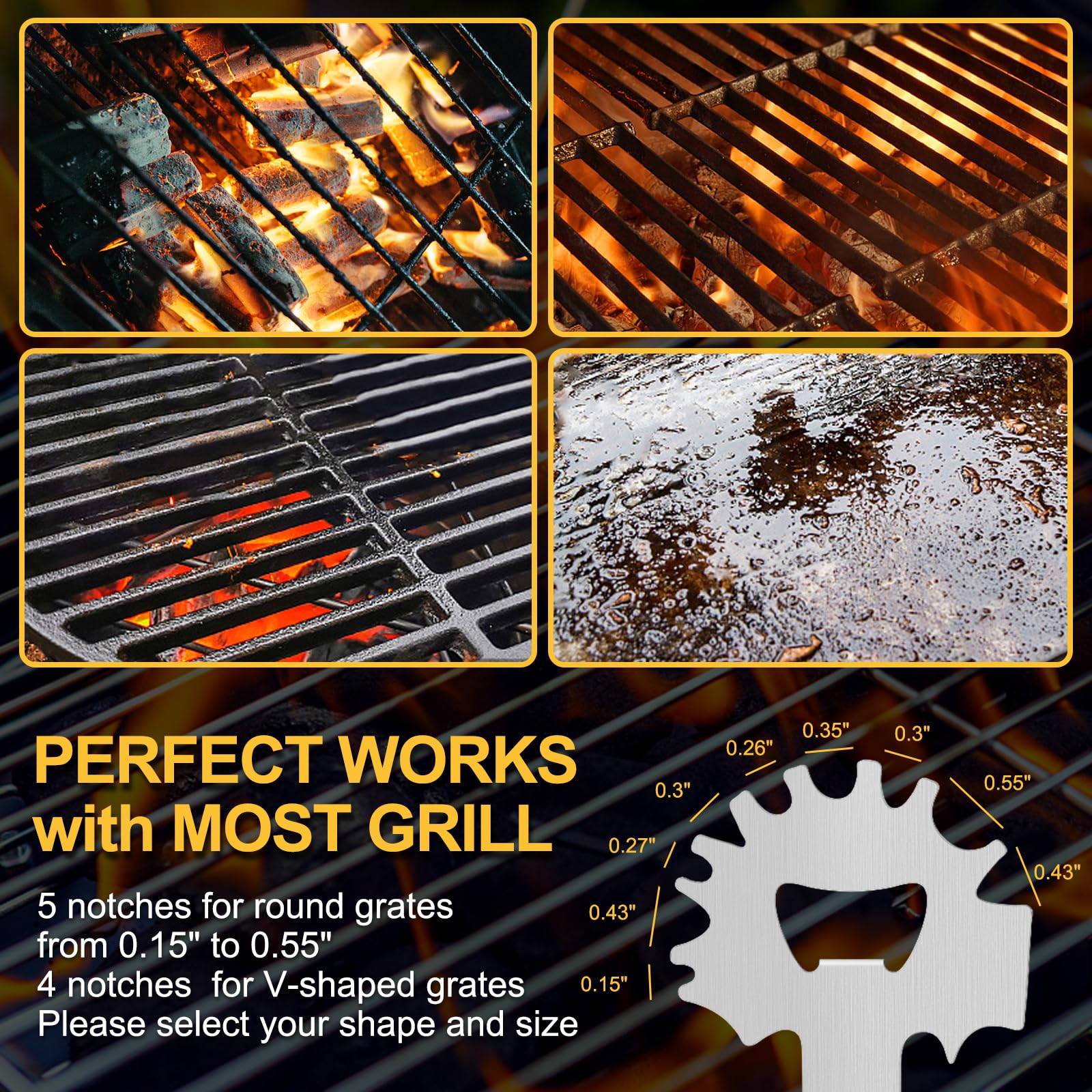 XYK BBQ Grill Scraper in use on a charcoal grill